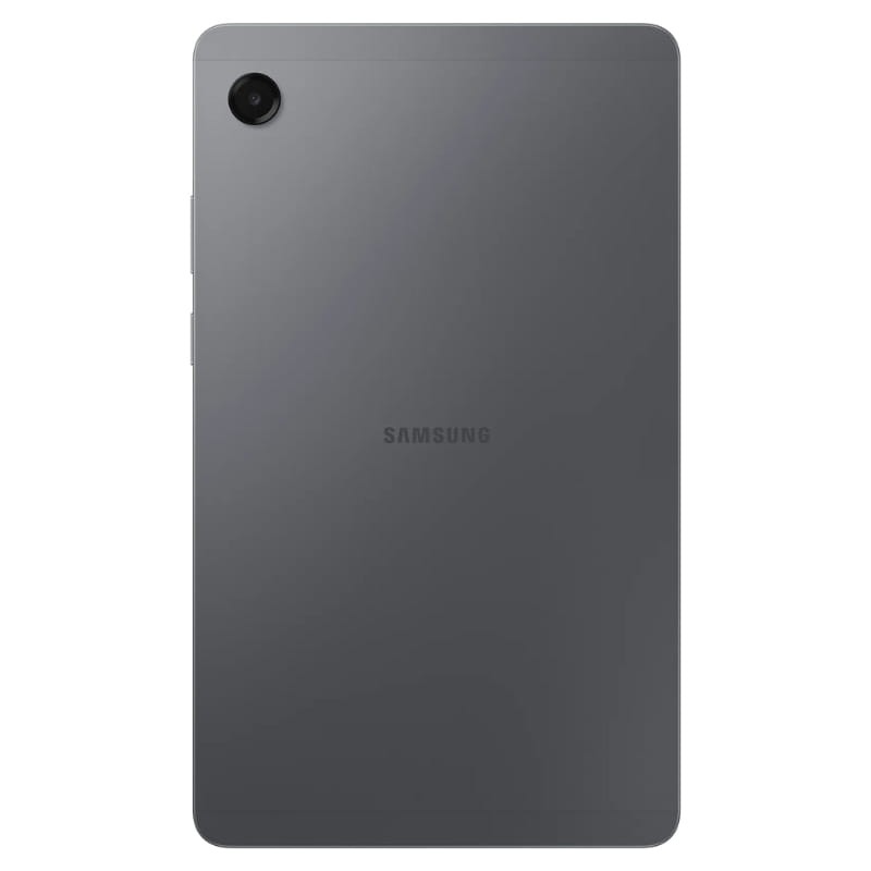 Parte trasera de la Samsung Galaxy Tab A11 8,7 gris con cámara trasera única en la esquina, acabado mate y logo centrado;