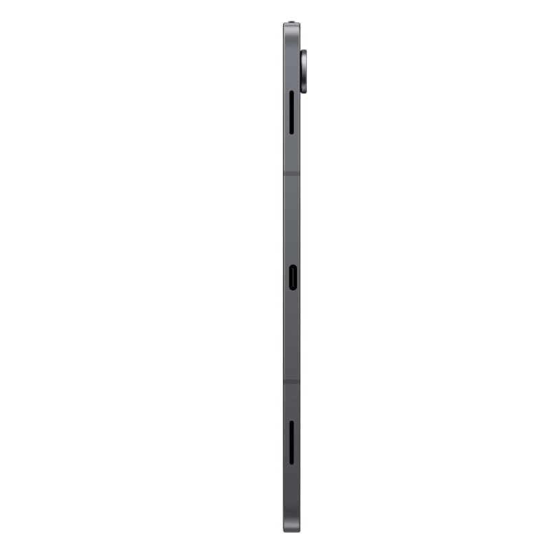 Samsung Galaxy Tab S11 11 pulgadas en color gris, vista lateral ultradelgada con cámara trasera sobresaliente, altavoces y