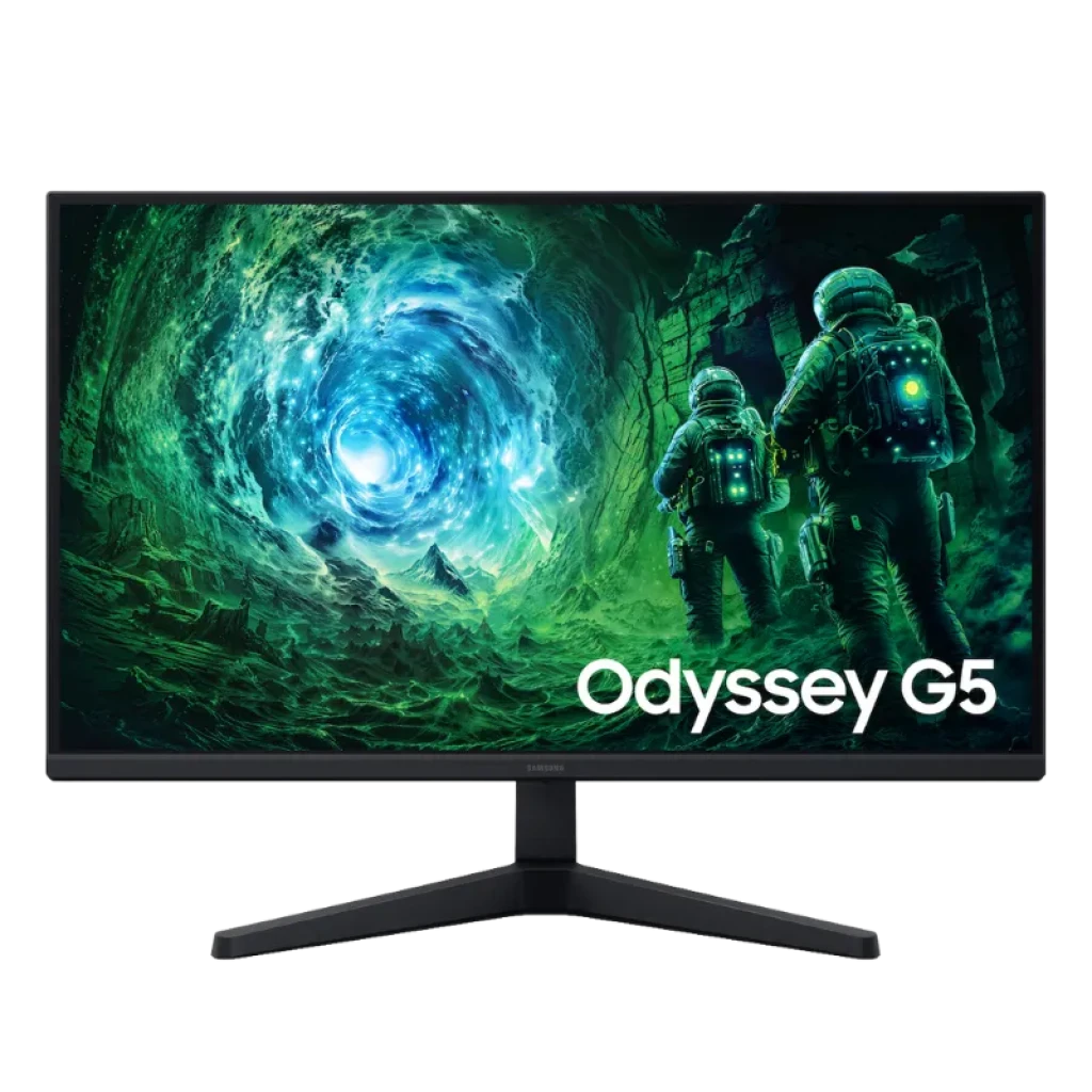 Frontal del monitor Samsung Odyssey G5 G53F de 27" con panel IPS plano y resolución QHD