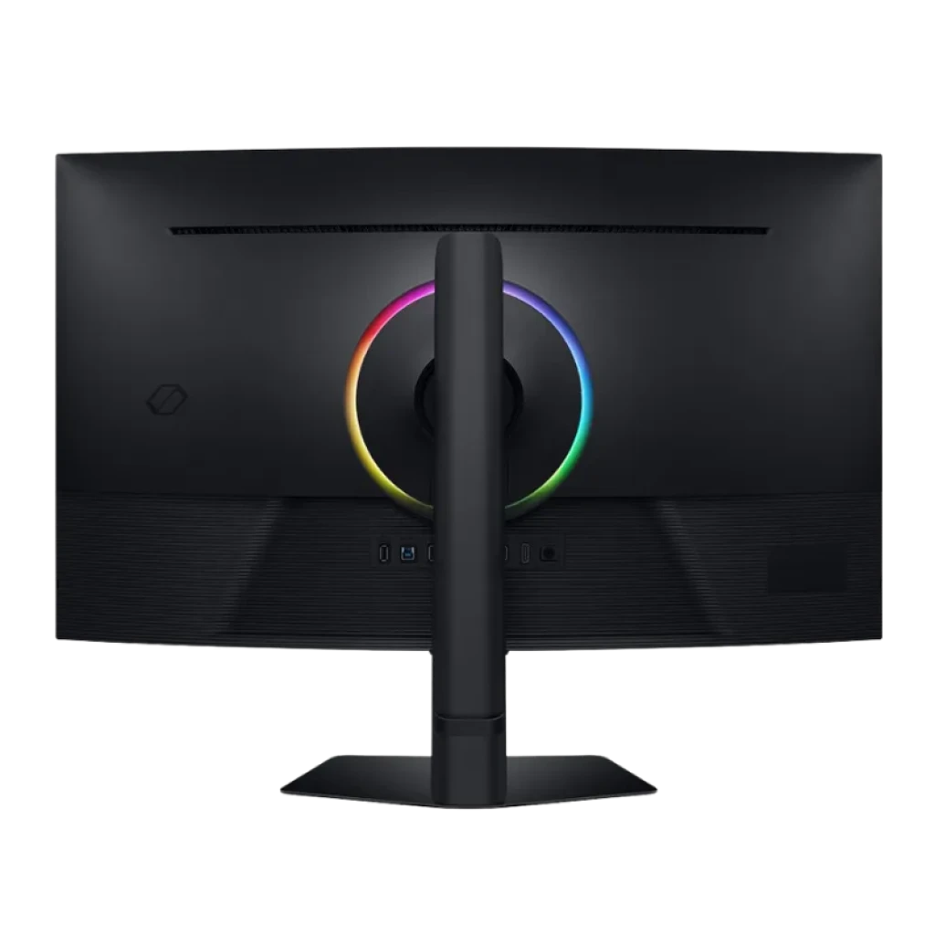 Vista trasera del Samsung Odyssey G75F con iluminación RGB a la vista y soporte ajustable