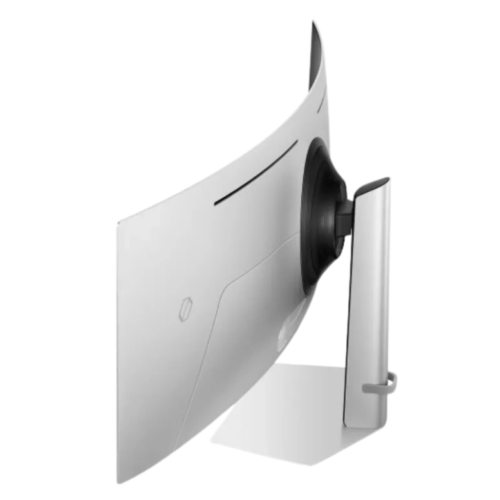 Samsung S49DG910SU 49 pulgadas OLED curvo blanco con soporte ajustable y bisel delgado, vista trasera a 45 grados