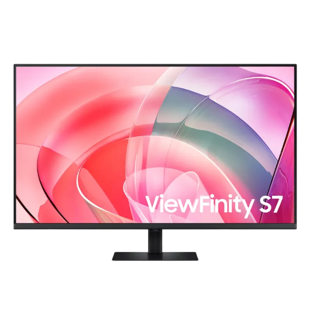 Vista frontal del monitor Samsung ViewFinity S70D de 37" 4K mostrando entorno de trabajo profesional