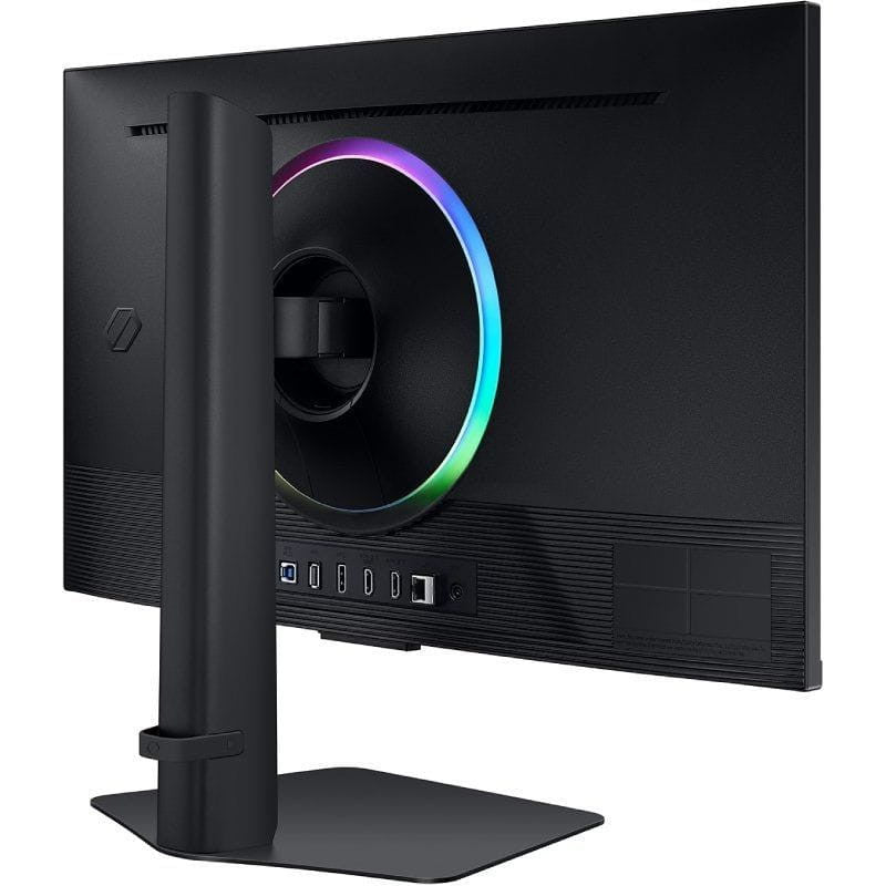 Parte trasera del monitor gaming: anillo RGB multicolor, soporte robusto ajustable, puertos traseros accesibles y diseño