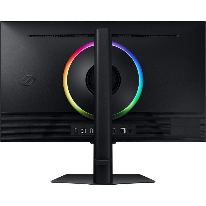 Parte trasera del Samsung Odyssey G7: anillo RGB circular, soporte central robusto, puertos USB/HDMI/DP y rejillas de