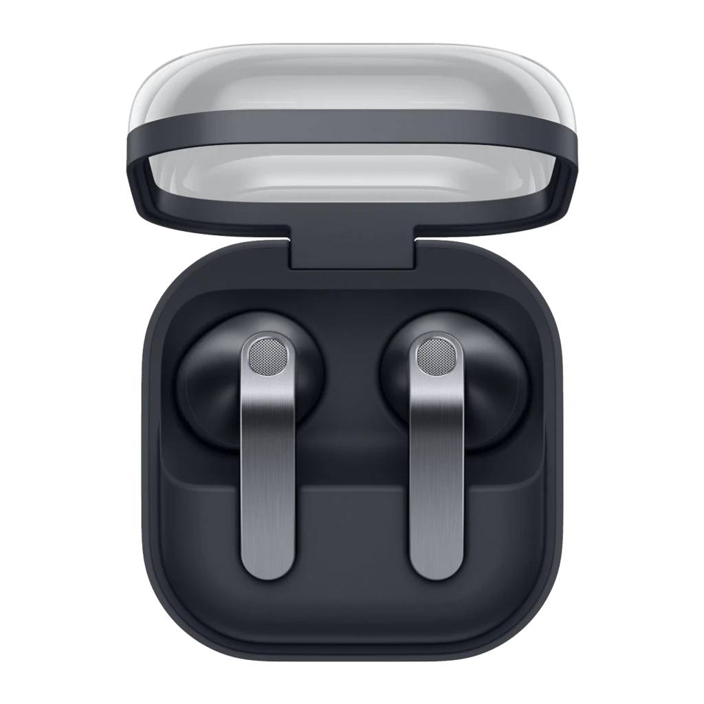 Samsung Galaxy Buds 4 SM-R540 negro, vista superior: estuche abierto con auriculares dentro y tallos metálicos plateados