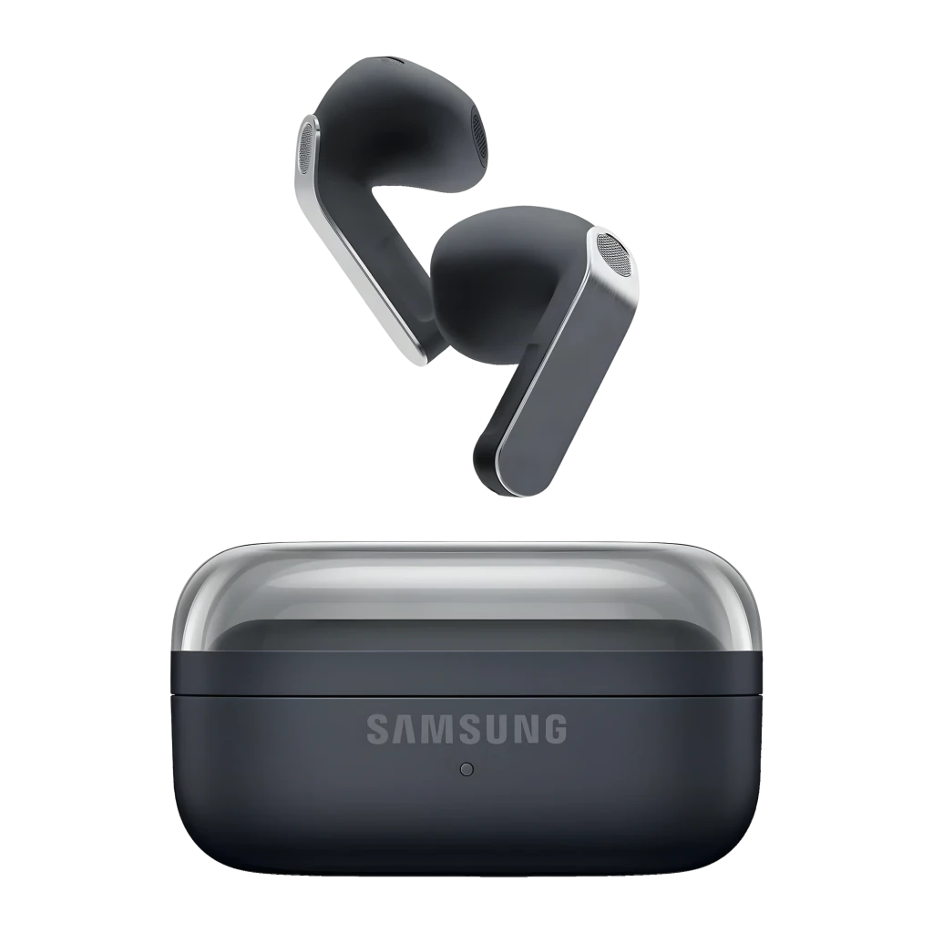 Samsung Galaxy Buds 4 SM-R540 Negro, vista frontal: auriculares flotando sobre estuche cerrado con acabado bicolor gris