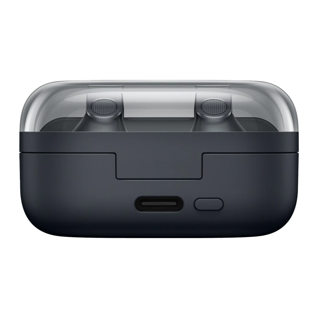 Samsung Galaxy Buds 4 SM-R540 negro, vista trasera: estuche cerrado con puerto USB-C y botón en la parte inferior