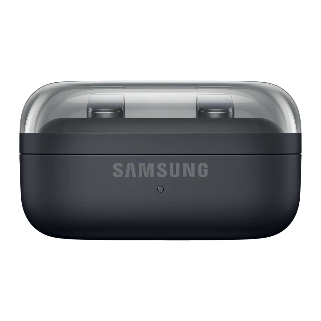 Samsung Galaxy Buds 4 SM-R540 negro, vista frontal: estuche abierto negro con tapa transparente y logo Samsung
