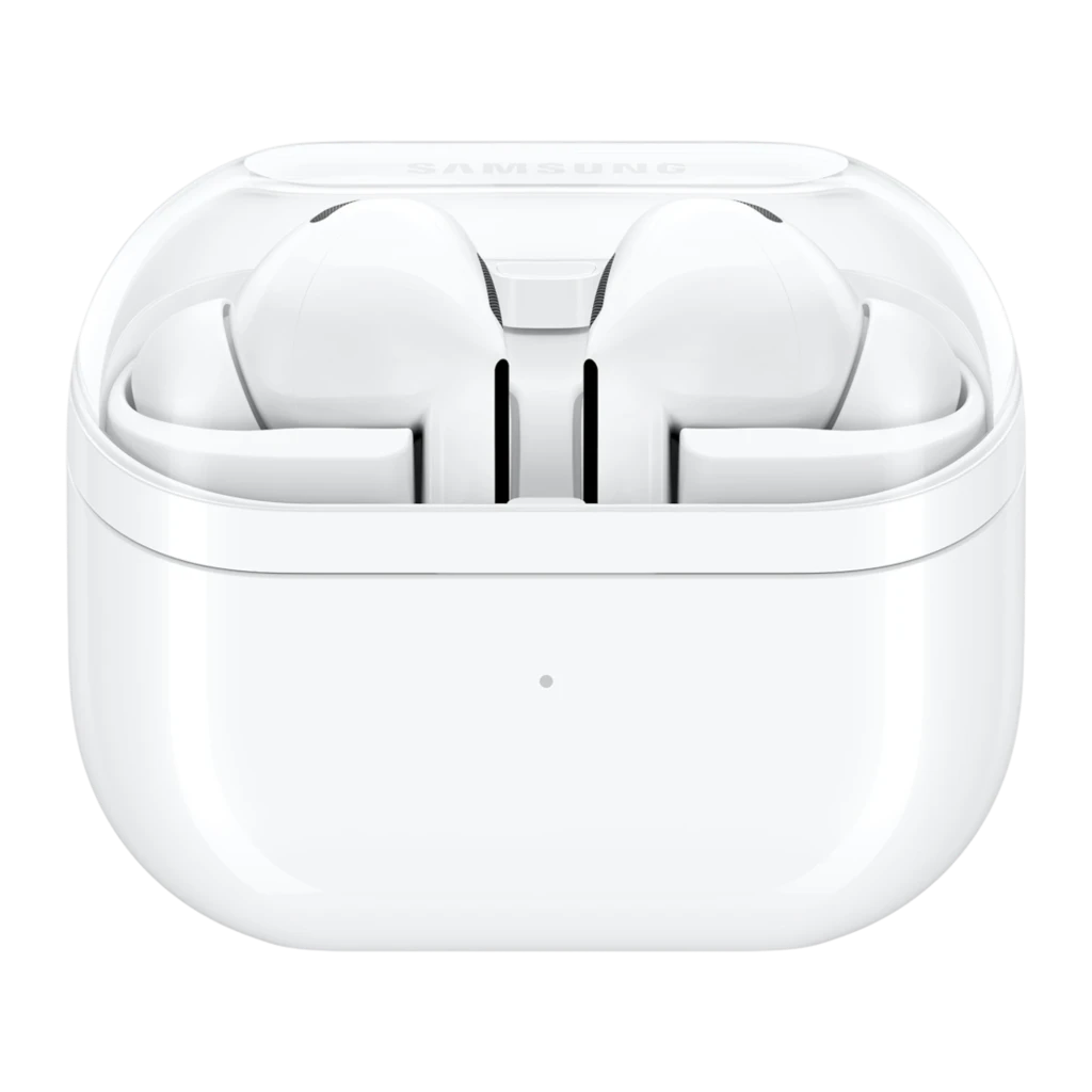 Samsung Galaxy Buds3 Pro Blanco, vista frontal: estuche abierto con los dos auriculares en su interior