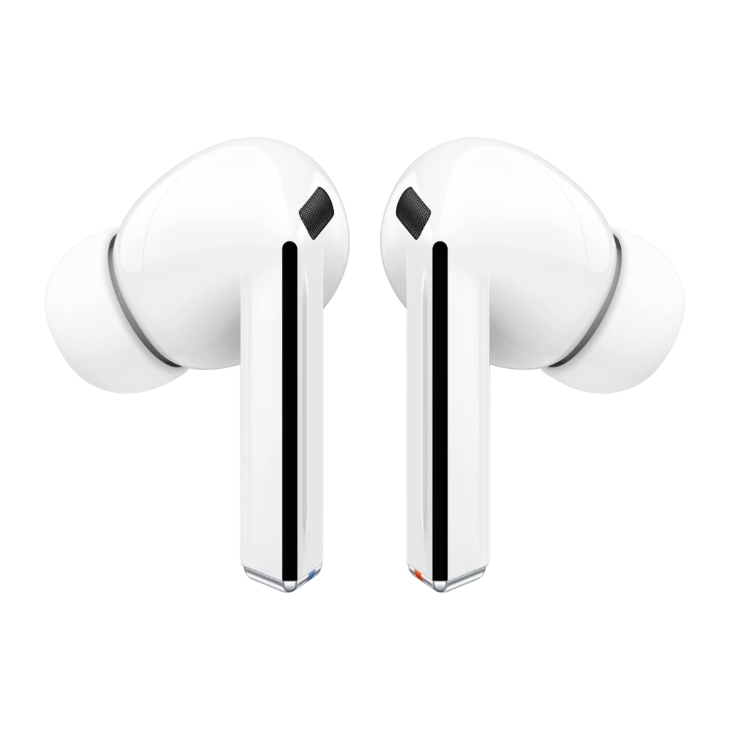 Samsung Galaxy Buds3 Pro Blanco, vista frontal par: dos auriculares con varilla negra, sensor rombo y marcas azul y naranja