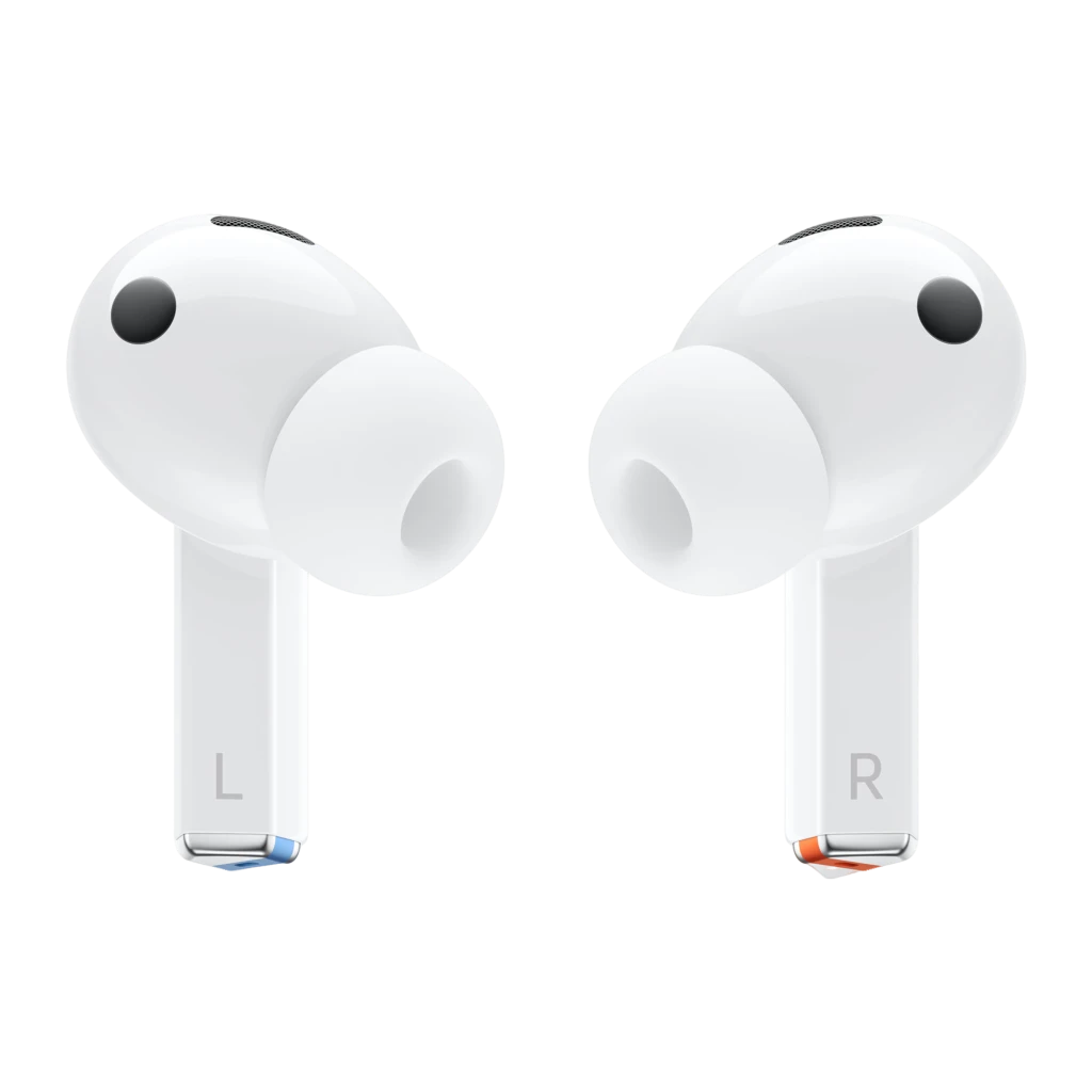Samsung Galaxy Buds3 Pro Blanco, vista frontal: auriculares izquierdo y derecho con marcas L y R y conectores de colores