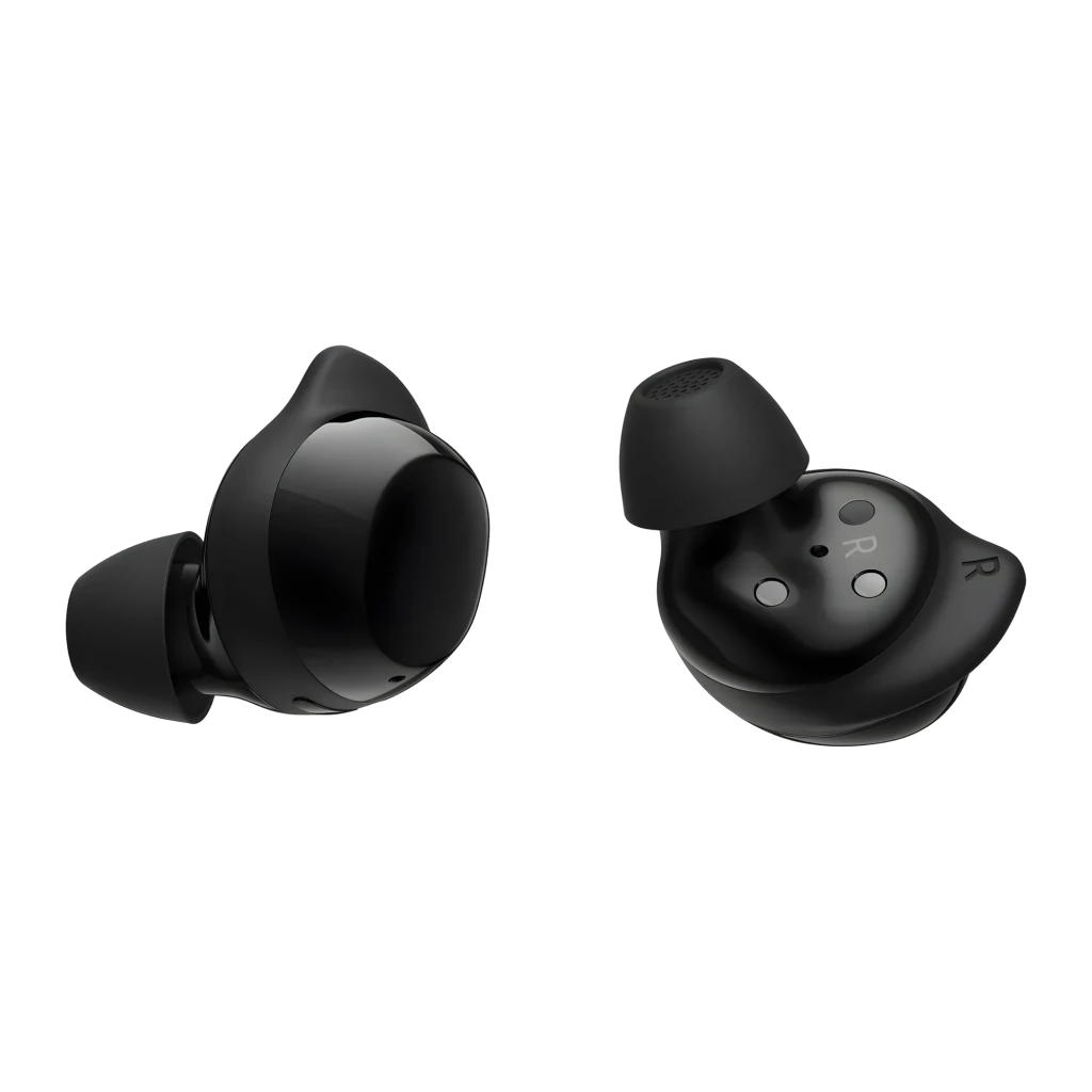 Samsung Galaxy Buds Core negro, vista frontal y trasera: ambos auriculares mostrando exterior brillante e interior con