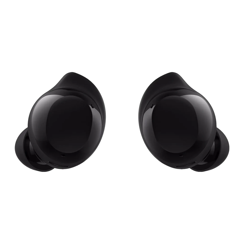 Samsung Galaxy Buds Core negro, vista frontal: ambos auriculares enfrentados, acabado brillante y aletas de silicona