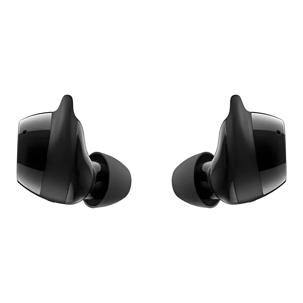 Samsung Galaxy Buds Core negro, vista frontal: ambos auriculares enfrentados mostrando almohadillas y cuerpo brillante