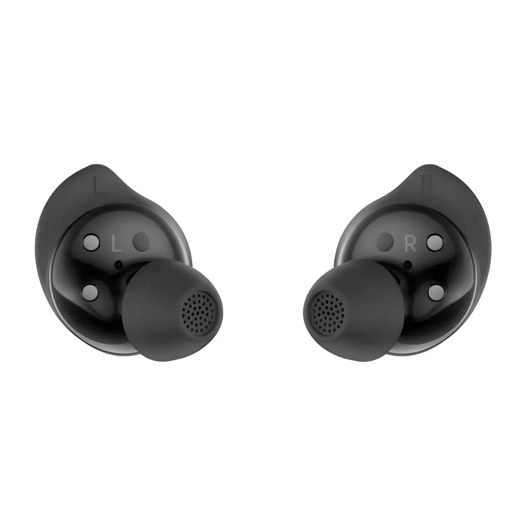 Samsung Galaxy Buds Core negro, vista frontal: auriculares izquierdo y derecho con marcas L y R visibles y rejilla de altavoz