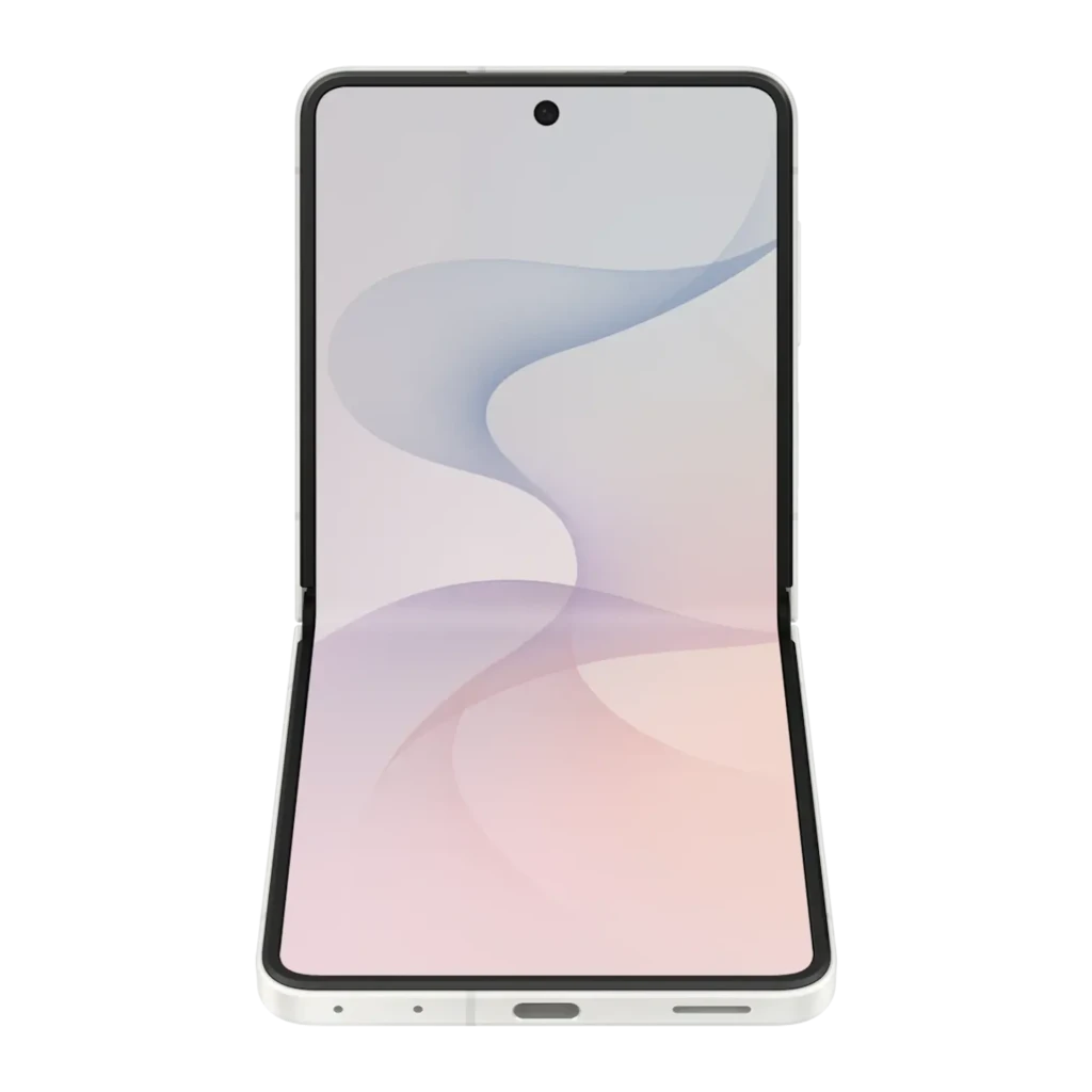 Samsung Galaxy Flip8 5G 256GB Crema, vista frontal abierto: pantalla plegable desplegada con fondo ondulado rosa y bisagra