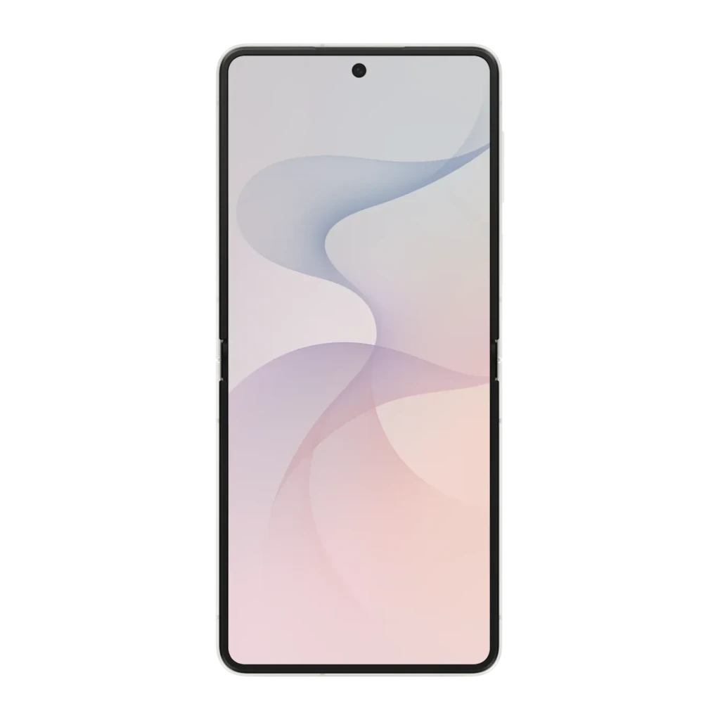 Samsung Galaxy Flip8 5G 256GB Crema, vista frontal: pantalla desplegada con fondo ondulado pastel y cámara perforada