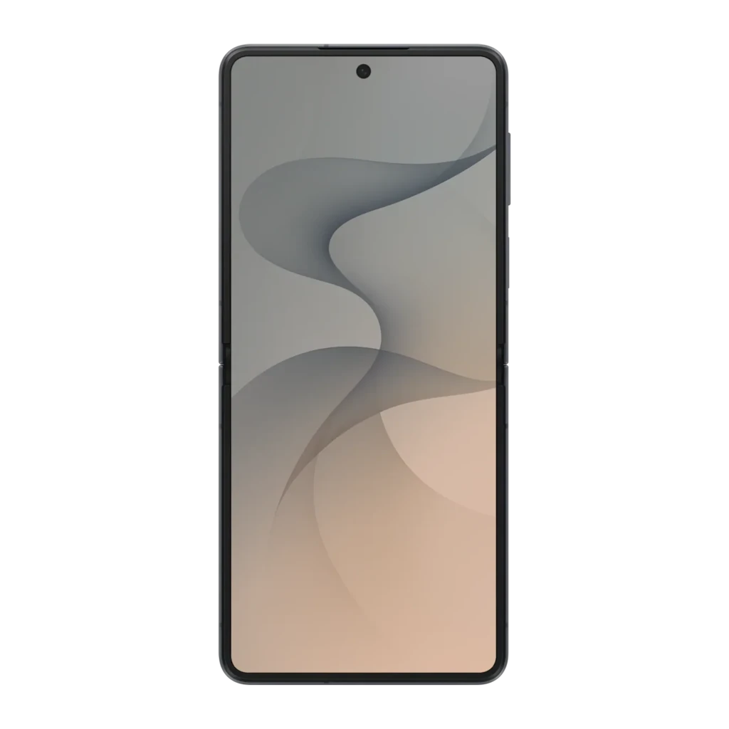 Samsung Galaxy Flip8 5G 512GB Grafito, vista frontal: pantalla plegable desplegada con fondo de ondas grises y cámara