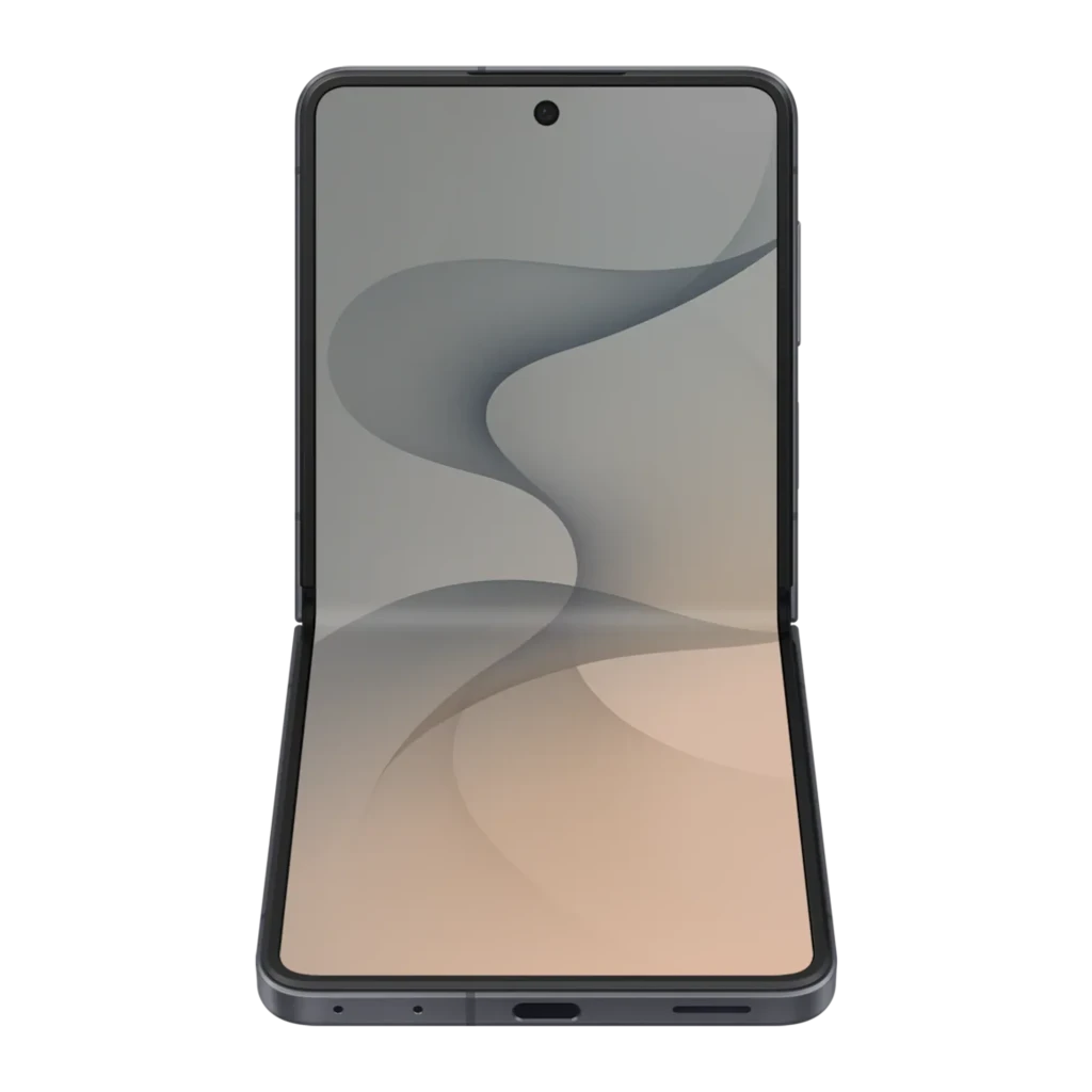 Samsung Galaxy Flip8 5G 512GB Grafito, vista frontal: pantalla plegable abierta con bisagra central visible y cámara frontal