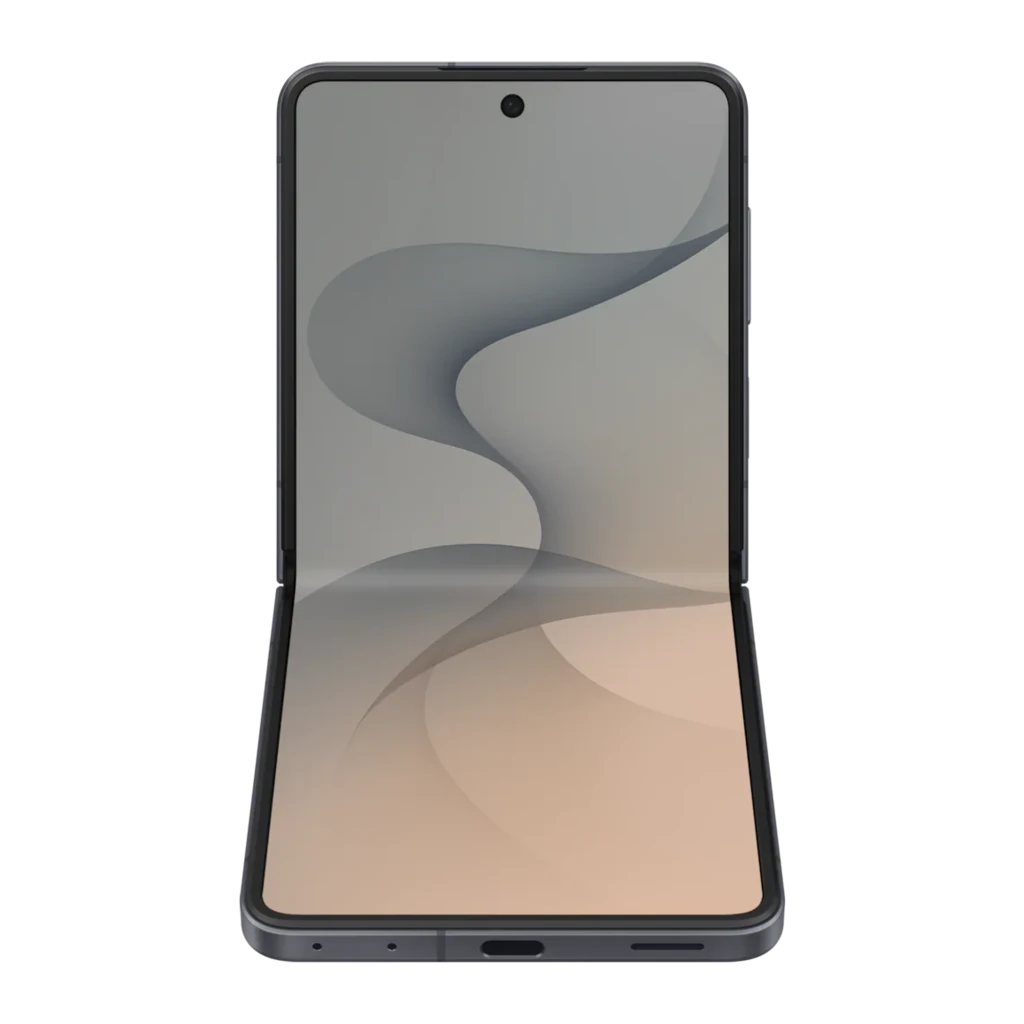 Samsung Galaxy Flip8 5G 256GB Grafito, vista frontal: plegable abierto, pantalla principal con fondo ondulado y bisagra
