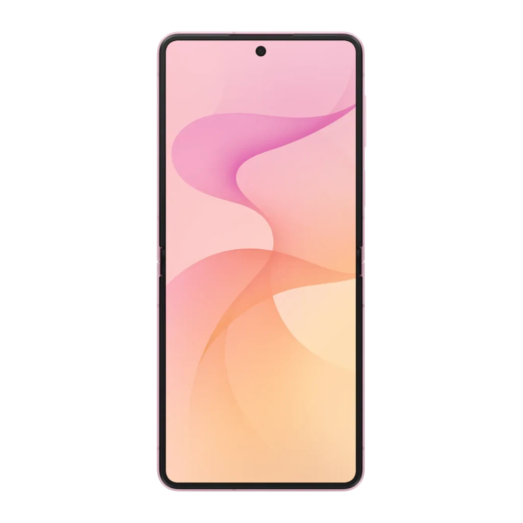 Samsung Galaxy Flip8 5G 256GB Rosa, vista frontal: pantalla desplegada con fondo degradado en tonos rosa y naranja