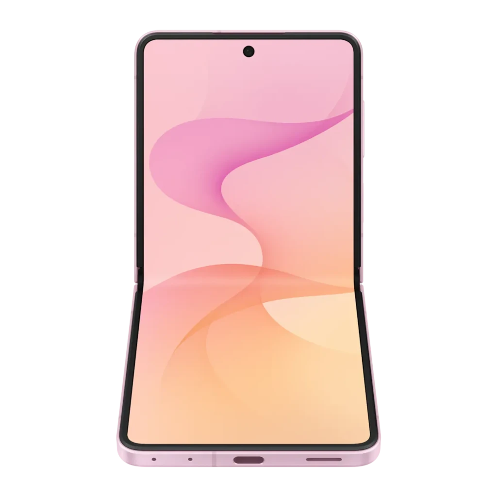 Samsung Galaxy Flip8 5G 256GB Rosa, vista frontal: plegable abierto con pantalla encendida y wallpaper degradado rosa