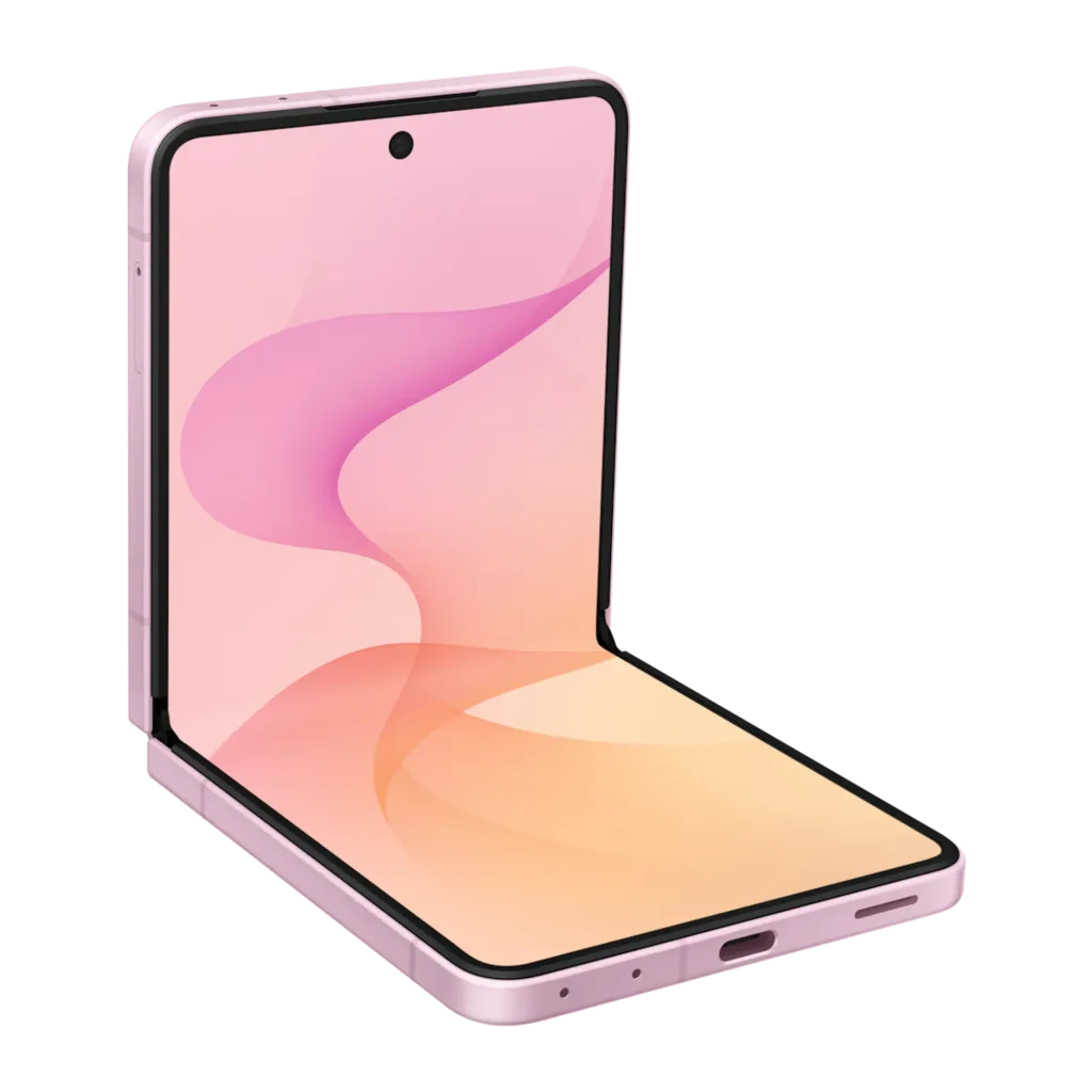 Samsung Galaxy Flip8 5G 512GB Rosa, vista frontal en ángulo: plegable abierto en L mostrando pantalla y bisagra