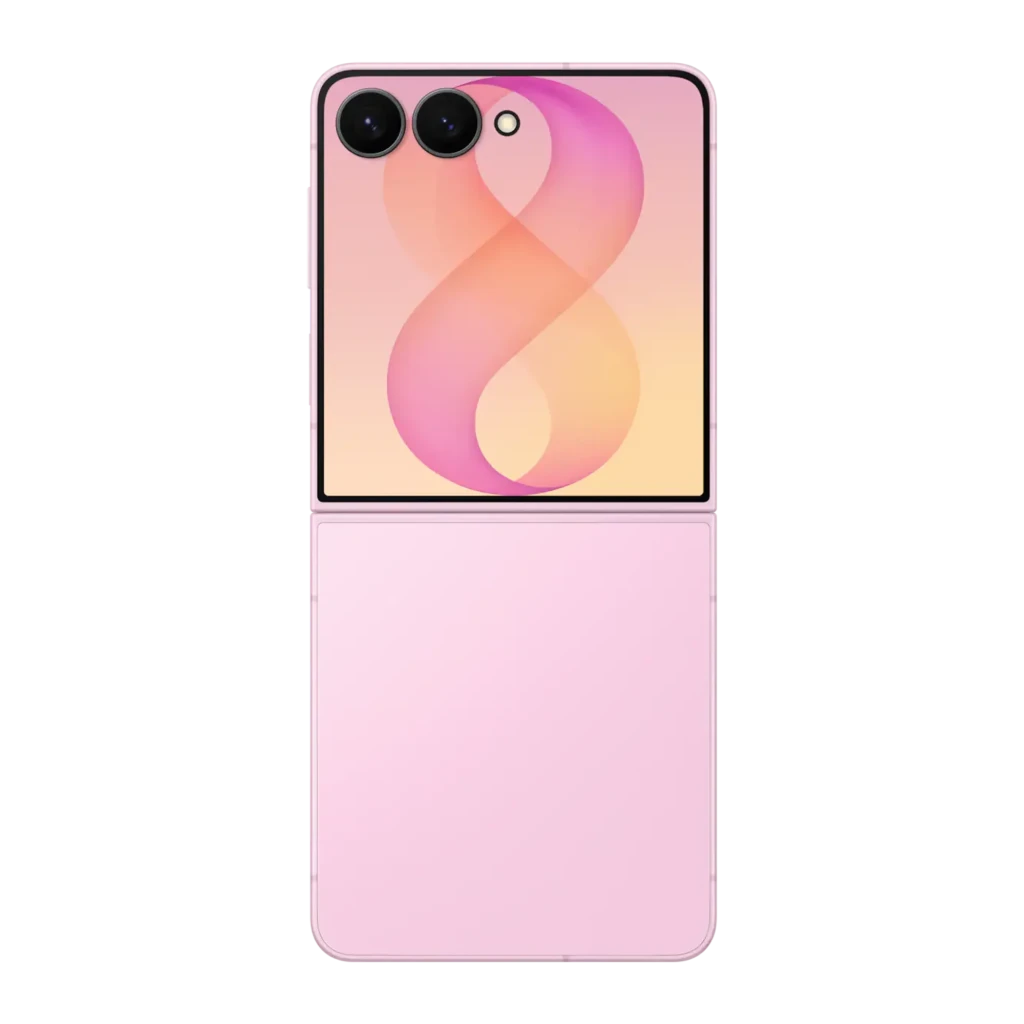 Samsung Galaxy Flip8 5G 512GB Rosa, vista trasera: diseño plegable abierto, pantalla exterior con número 8 y módulo de