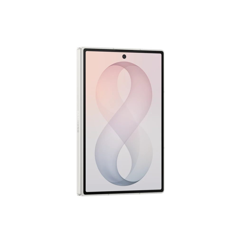 Frontal del Samsung Galaxy Z Fold8 crema plegable, pantalla externa 6.x con biseles finos y cámara frontal centrada tipo