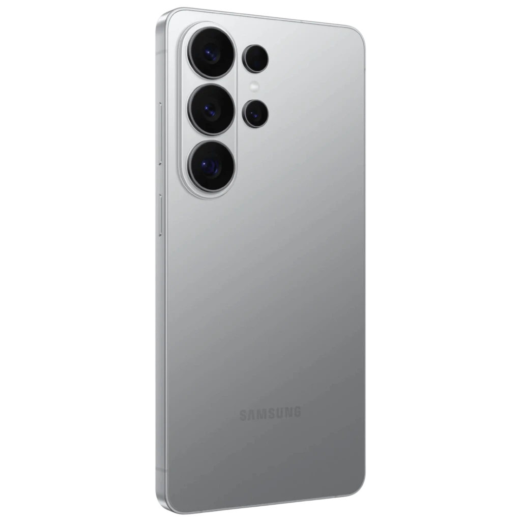Samsung Galaxy S26 Ultra 5G Silver Shadow con acabado metálico y módulo de cuatro cámaras traseras prominentes en esquina