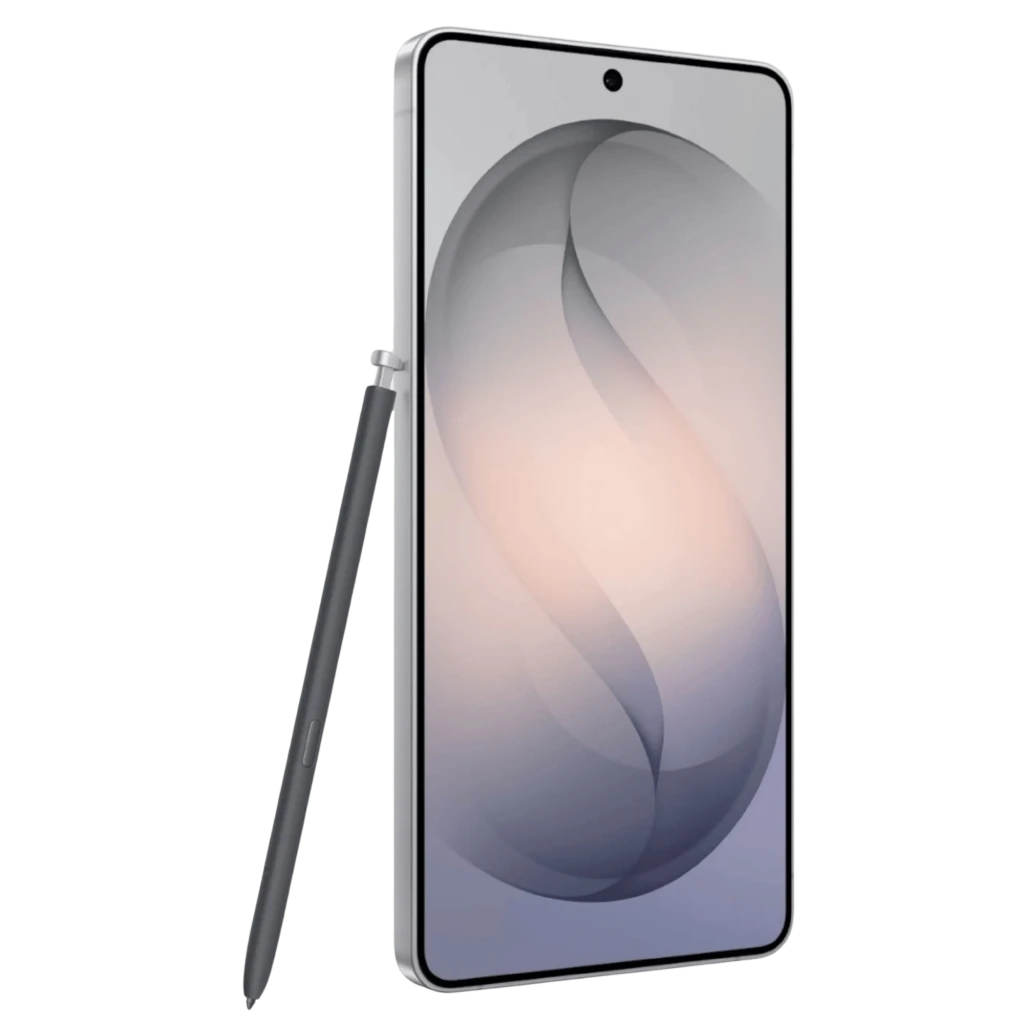 Samsung Galaxy S26 Ultra 5G Silver Shadow con pantalla plana casi sin bordes, cámara frontal centrada y S Pen negro apoyado