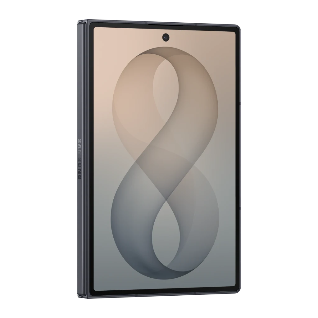 Samsung Galaxy Z Fold8 256GB Grafito, vista frontal en ángulo: pantalla exterior desplegada con fondo degradado y cámara