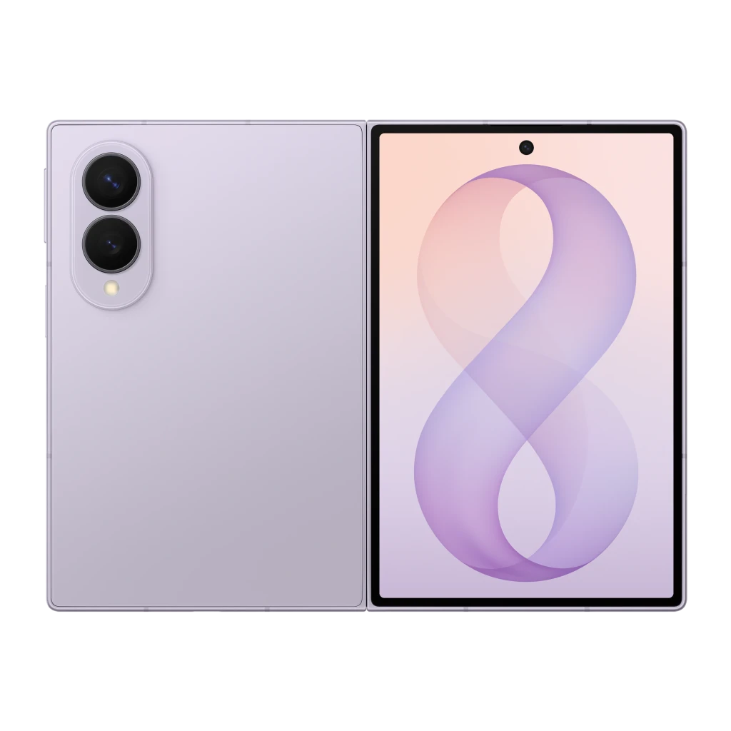 Samsung Galaxy Z Fold8 5G 256GB púrpura, vista frontal y trasera: plegable abierto, módulo de cámaras oval y pantalla