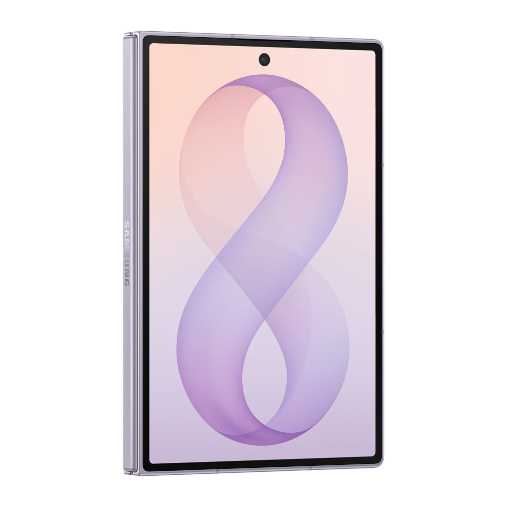 Samsung Galaxy Z Fold8 5G 256GB Lavanda, vista frontal en ángulo: pantalla exterior desplegada con fondo degradado púrpura y