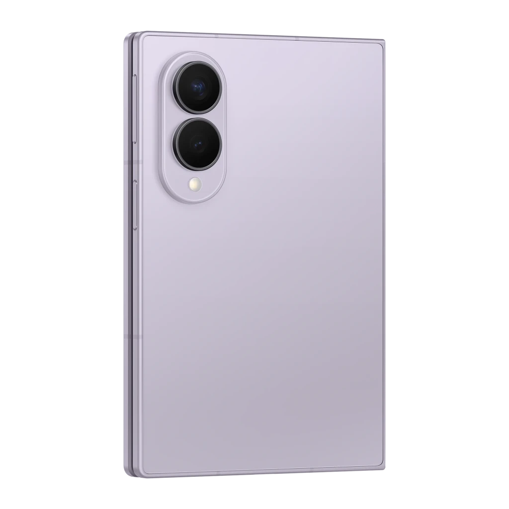 Samsung Galaxy Z Fold8 1TB lavanda, vista trasera en ángulo: módulo de cámaras oval con dos lentes y flash