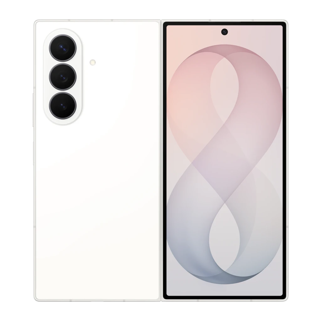Samsung Galaxy Z Fold8 Ultra 5G 256GB Crema, vista frontal y trasera: plegable abierto, módulo de 3 cámaras y pantalla con