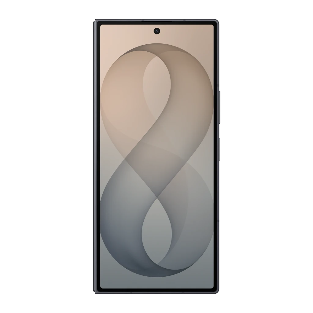 Samsung Galaxy Z Fold8 Ultra 5G 256GB Grafito, vista frontal: pantalla encendida con fondo en forma de 8 en tonos beige y