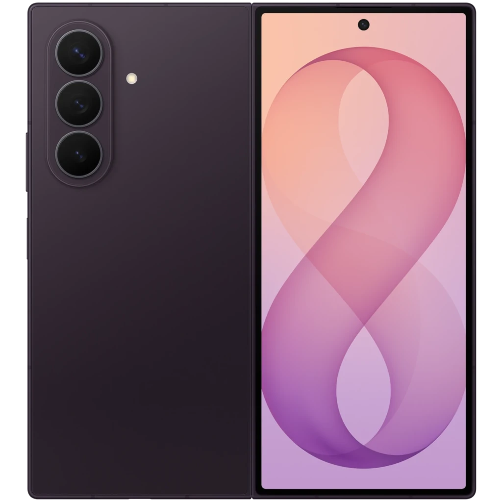Samsung Galaxy Z Fold8 Ultra 512GB Violeta Nocturno , vista frontal y trasera: plegable abierto, módulo de cámaras triple y