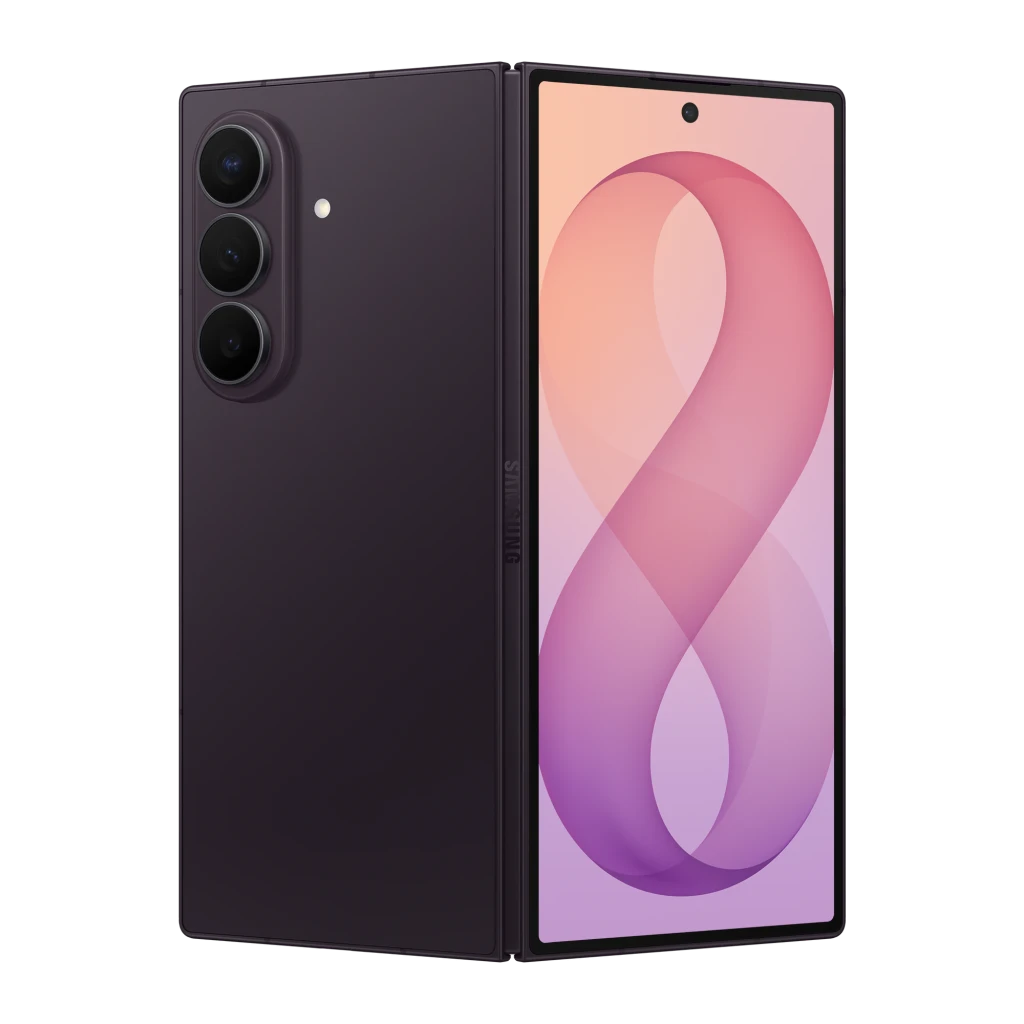 Samsung Galaxy Z Fold8 Ultra 256GB Violeta Nocturno, vista trasera y frontal: módulo de 3 cámaras y pantalla plegable abierta