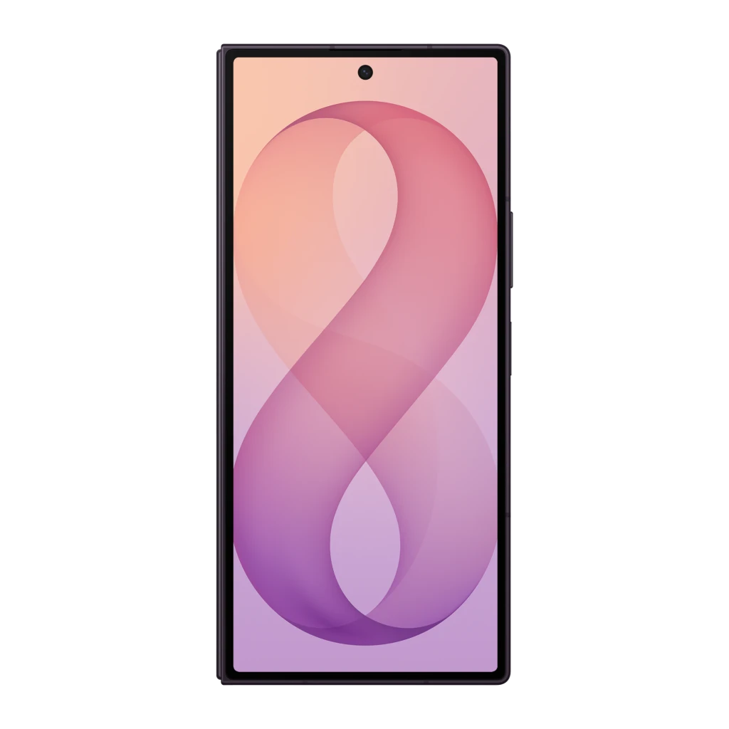 Samsung Galaxy Z Fold8 Ultra 5G 256GB Violeta Nocturno, vista frontal: pantalla encendida con wallpaper degradado rosa y