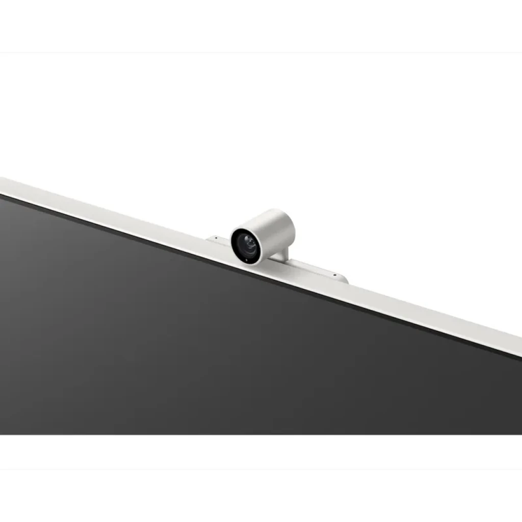 Cámara web magnética plateada para monitor Samsung M8 M80F, diseño compacto sobre el borde superior, lente frontal y acabado