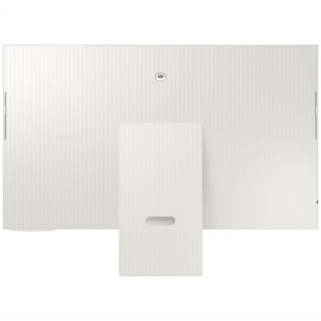 Parte trasera del monitor Samsung M8 M80F 32 pulgadas en color blanco, acabado texturizado, soporte central ancho con