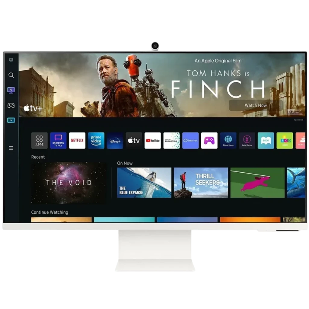 Samsung M8 M80F 32 pulgadas 4K UHD 60 Hz en color blanco, pantalla delgada con biseles mínimos, peana rectangular y webcam