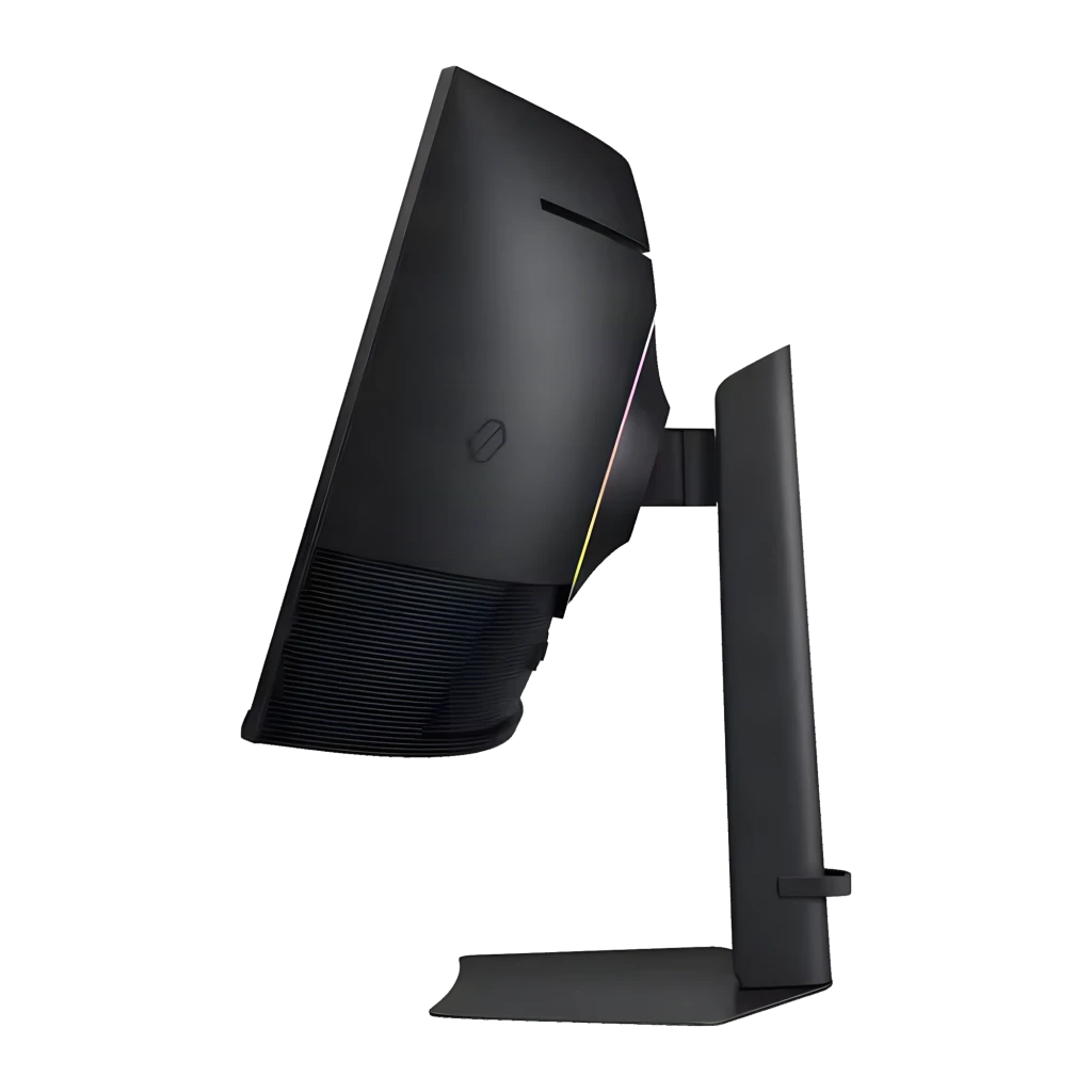 Lateral del Monitor Samsung Odyssey G7 G75F: diseño negro mate, curvatura 1000R, soporte robusto ajustable y tira de luz