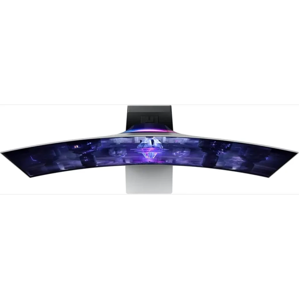 Monitor curvo ultrapanorámico plata con panel OLED de 34 pulgadas, borde delgado, soporte central y efecto de iluminación