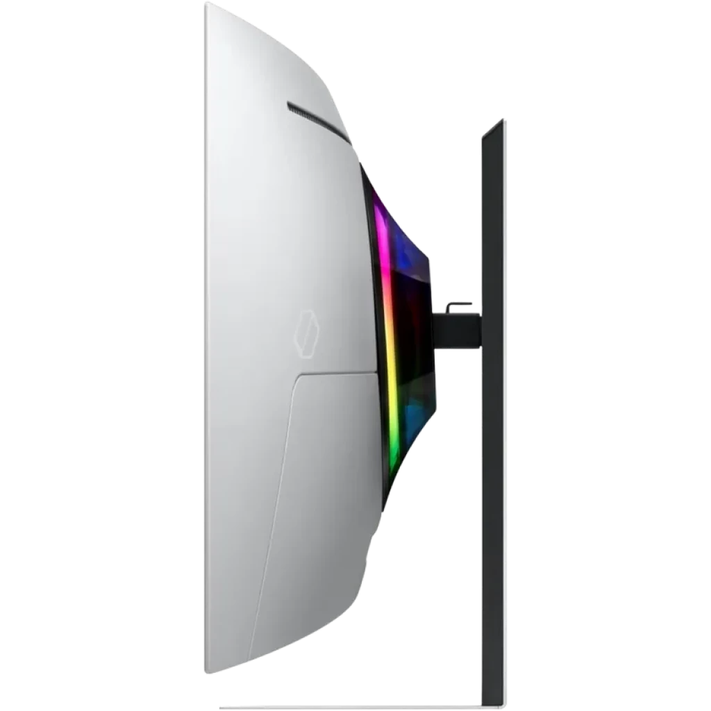 Monitor curvo plata con panel OLED ultradelgado, iluminación RGB trasera, soporte ajustable y puertos laterales visibles.