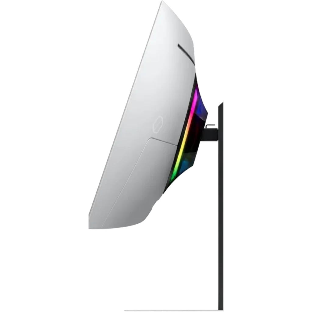 Samsung Odyssey G85SB 34 OLED curvo en plata con soporte robusto y tira RGB trasera, perfil delgado y acabado premium, 175 Hz