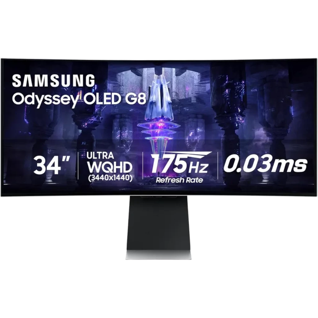 Monitor curvo plata 34 pulgadas OLED Samsung Odyssey G85SB, panel ultra ancho, resolución WQHD, 175 Hz, 0.03 ms, diseño