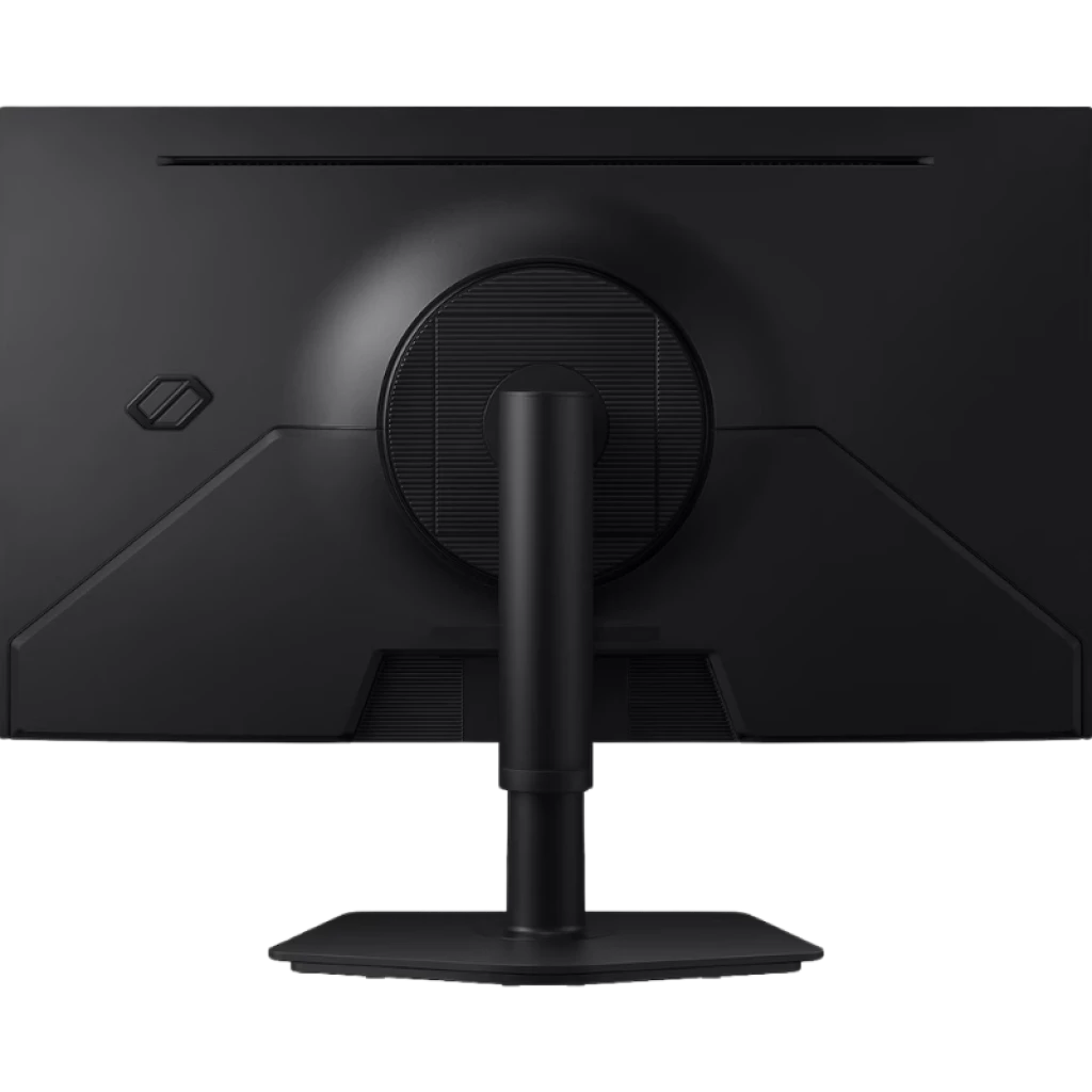Monitor Samsung Odyssey OLED G6 27 pulgadas visto desde atrás, carcasa negra mate con logo lateral, soporte ajustable robusto