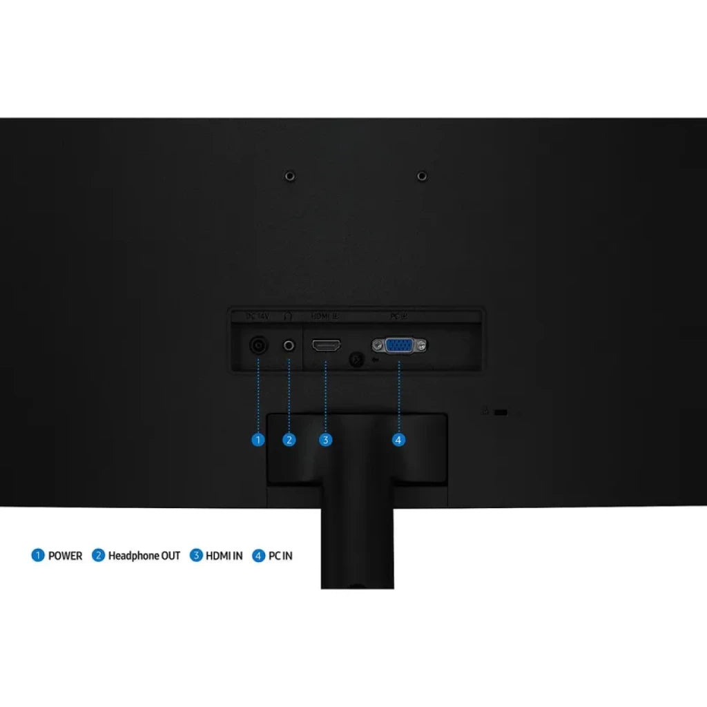 Panel trasero del Samsung S39GD 27 Curvo Negro con puertos HDMI, VGA, salida de auriculares y entrada de corriente, diseño